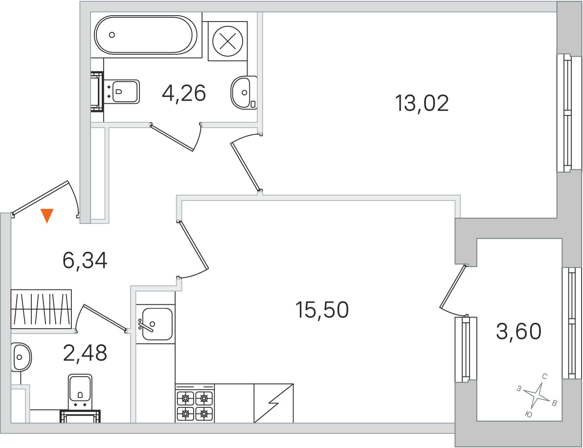 Планировка: 1-комнатная квартира, 41,6 м²