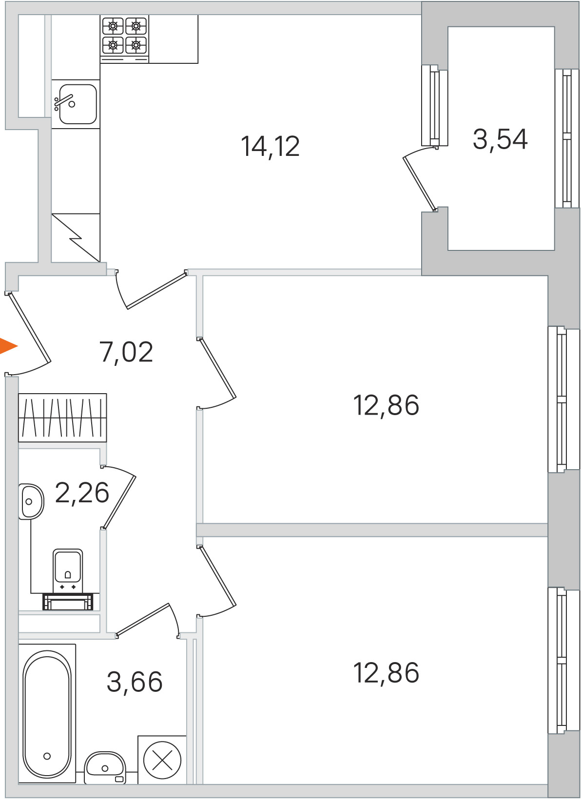 Планировка: 2-комнатная квартира, 52,8 м²