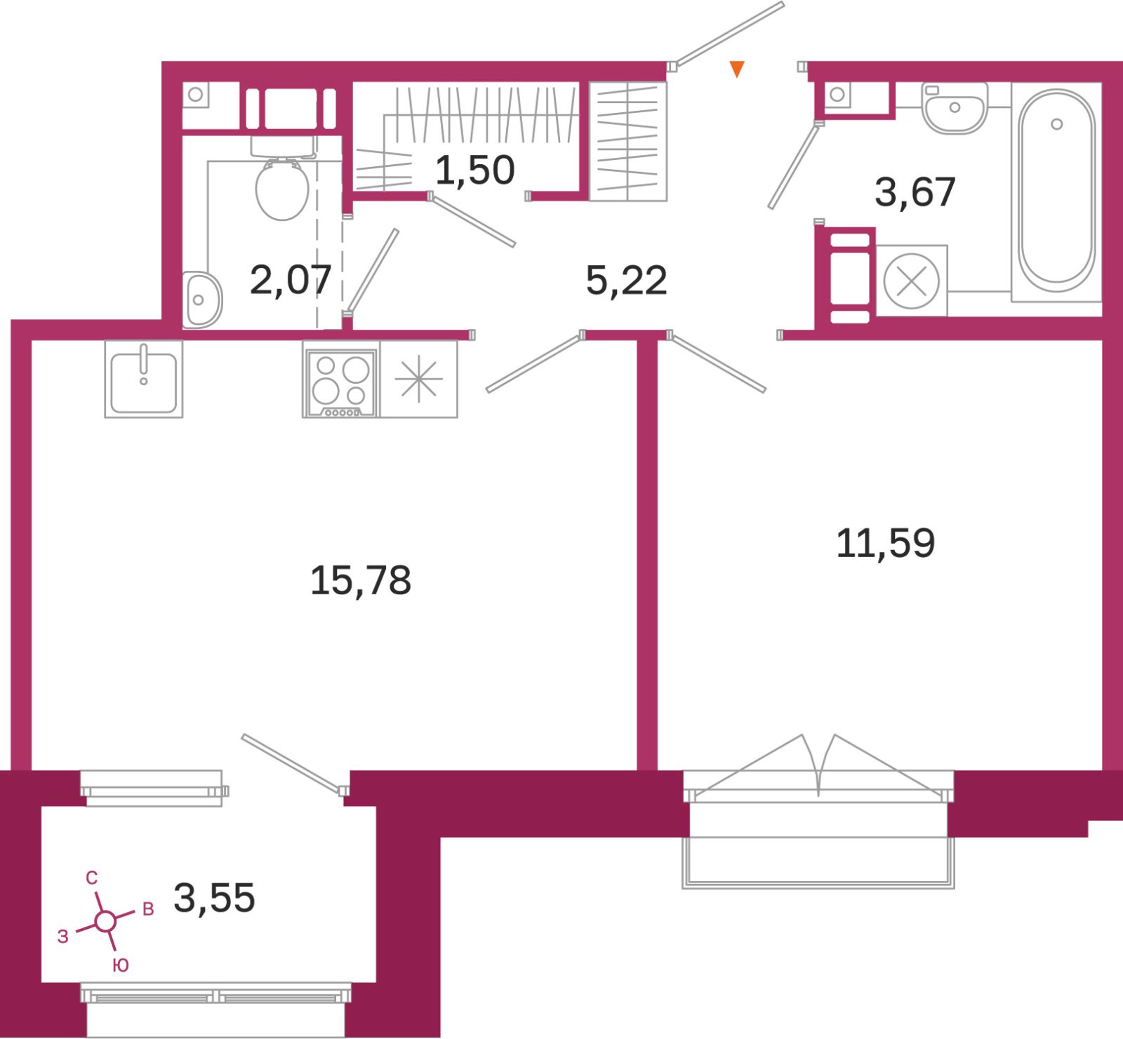 Планировка: 1-комнатная квартира, 39,8 м²