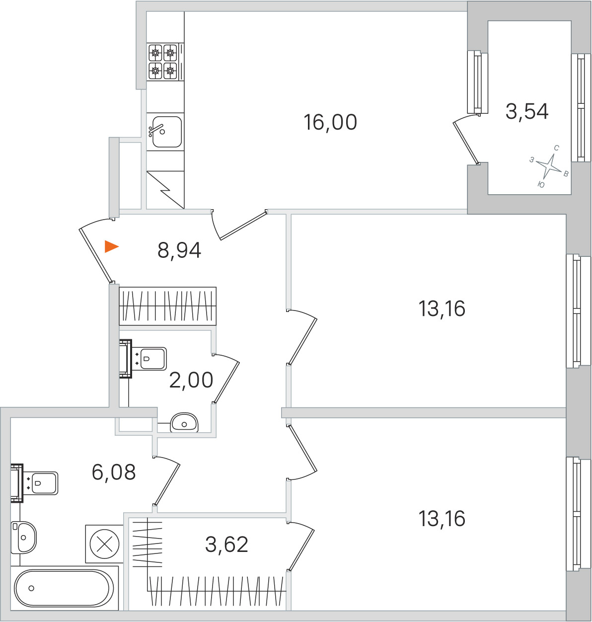 Планировка: 2-комнатная квартира, 63,0 м²