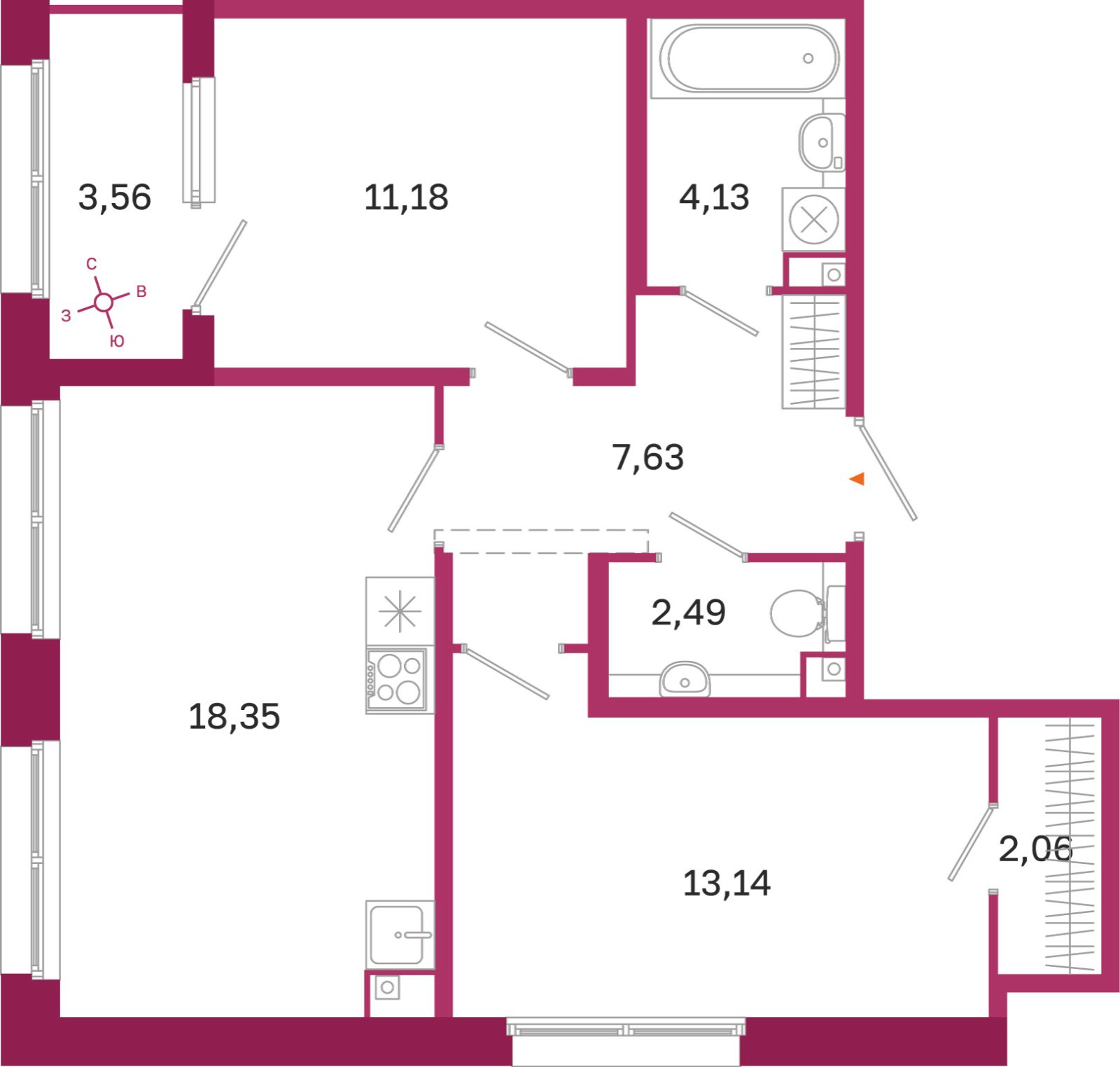 Планировка: 2-комнатная квартира, 59,0 м²