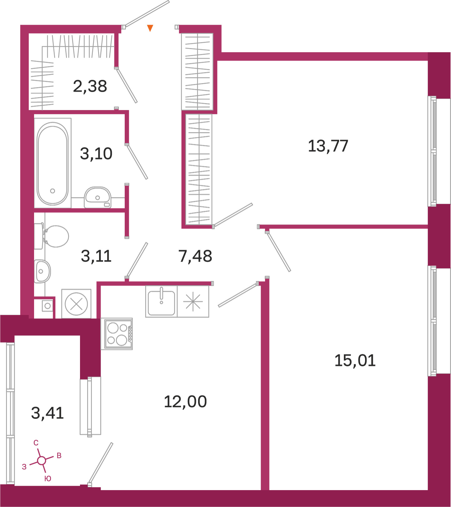 Планировка: 2-комнатная квартира, 56,9 м²