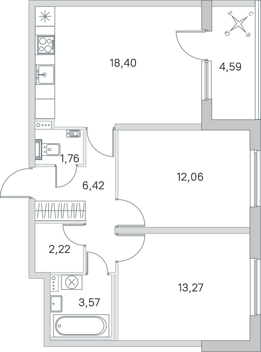Планировка: 2-комнатная квартира, 57,7 м²