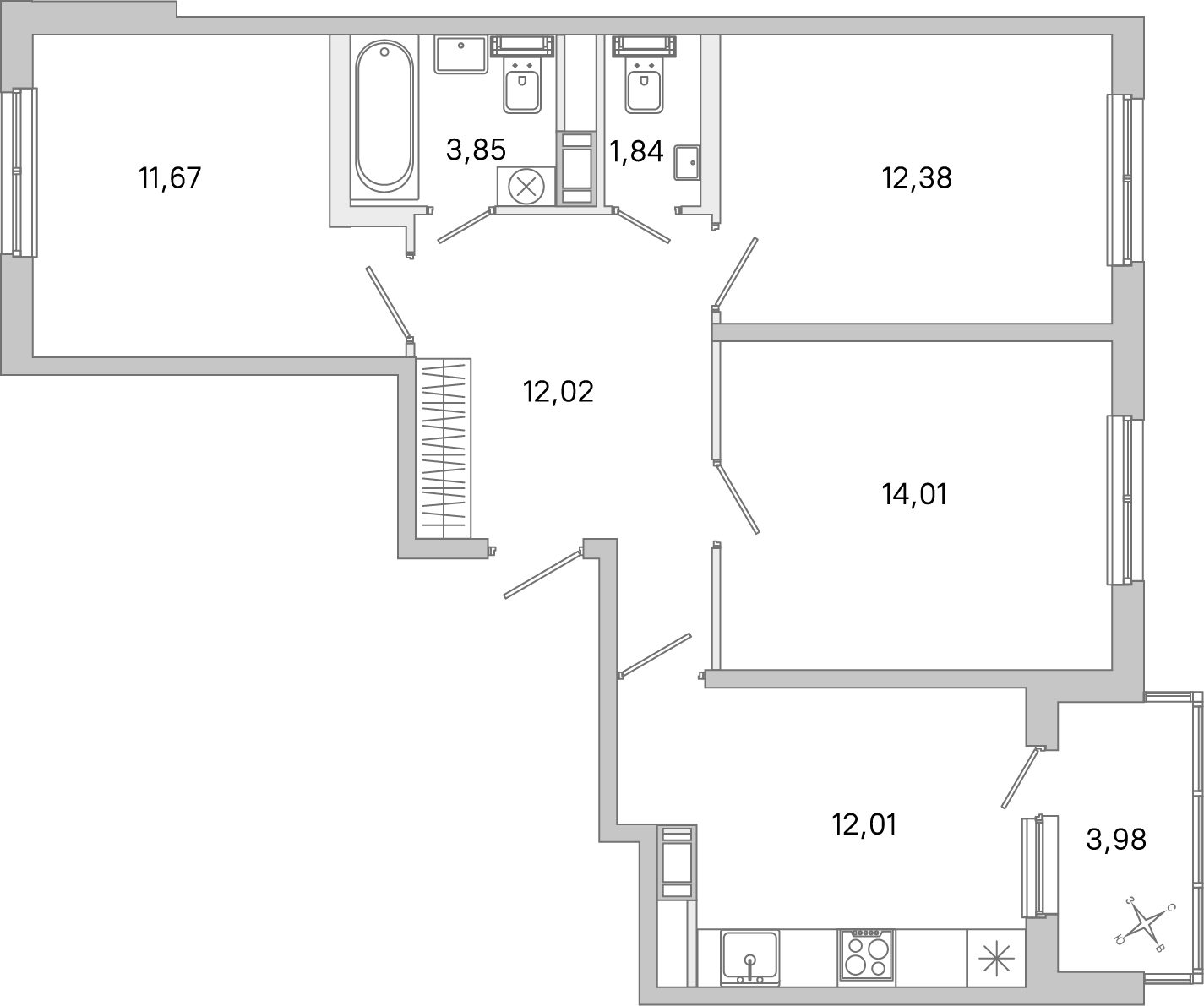 Планировка: 3-комнатная квартира, 67,8 м²