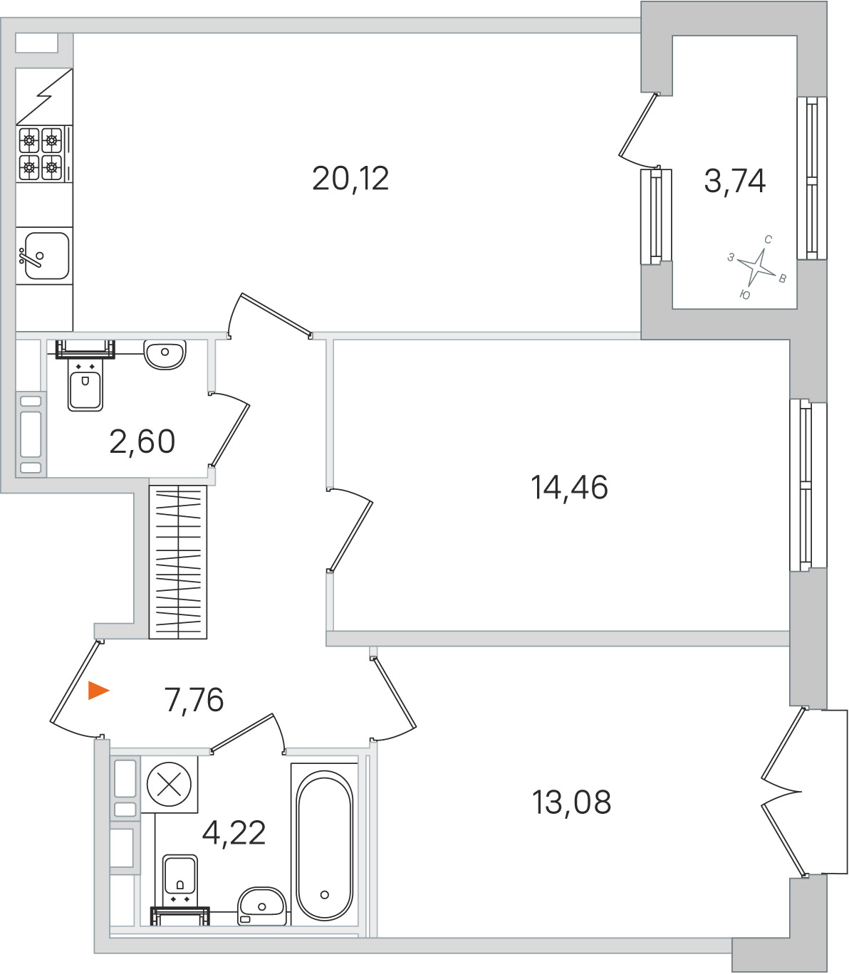 Планировка: 2-комнатная квартира, 62,2 м²