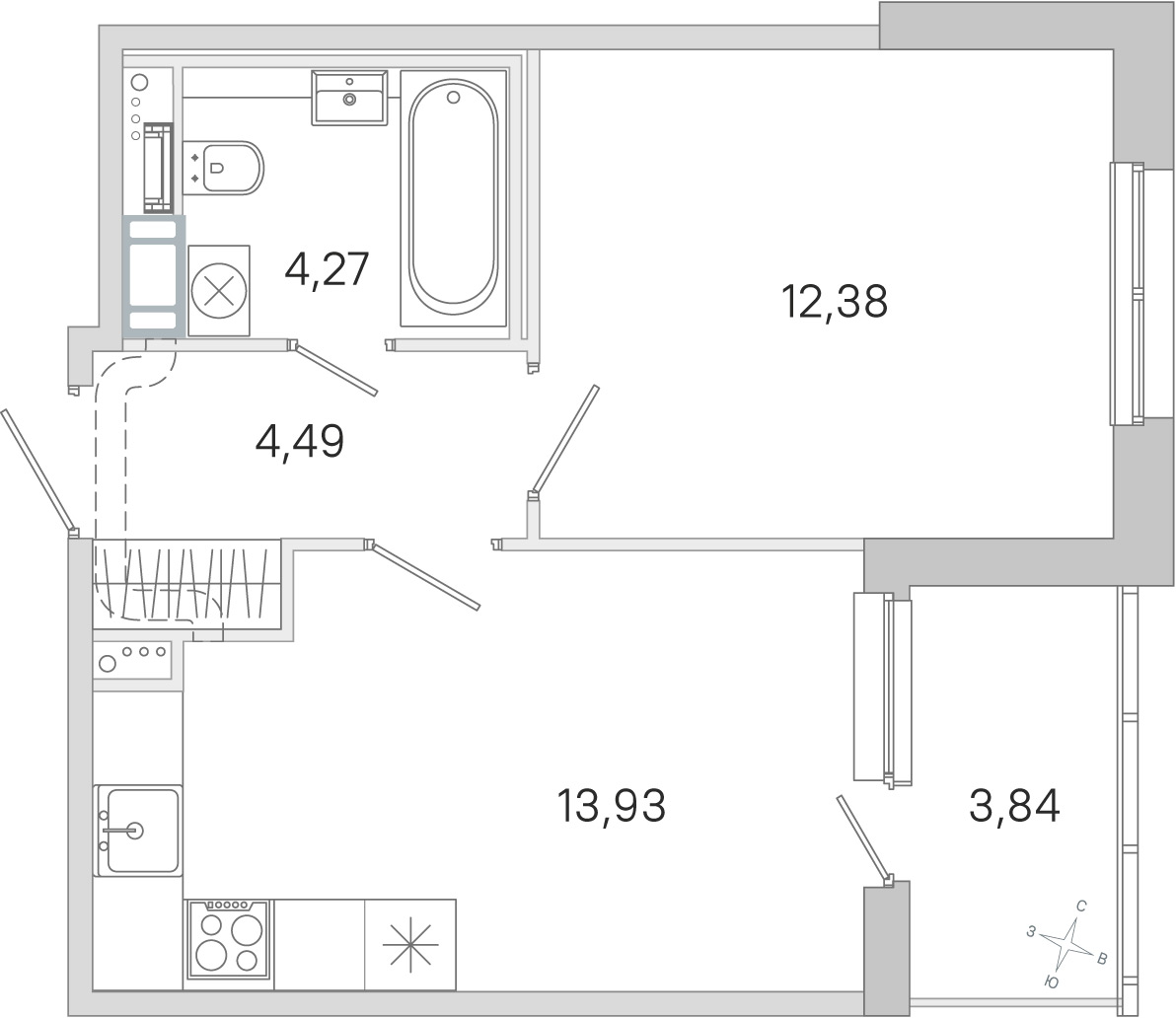 Планировка: 1-комнатная квартира, 35,1 м²