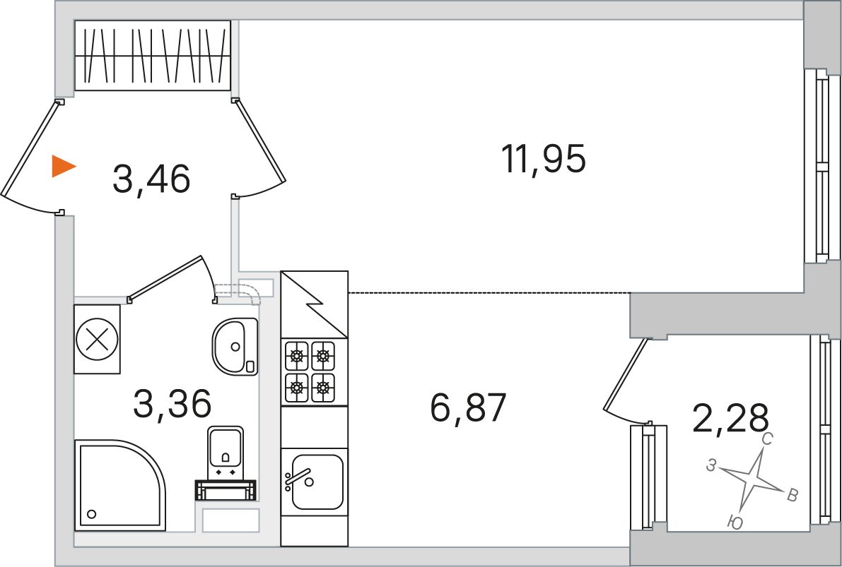 Планировка: студия, 25,6 м²