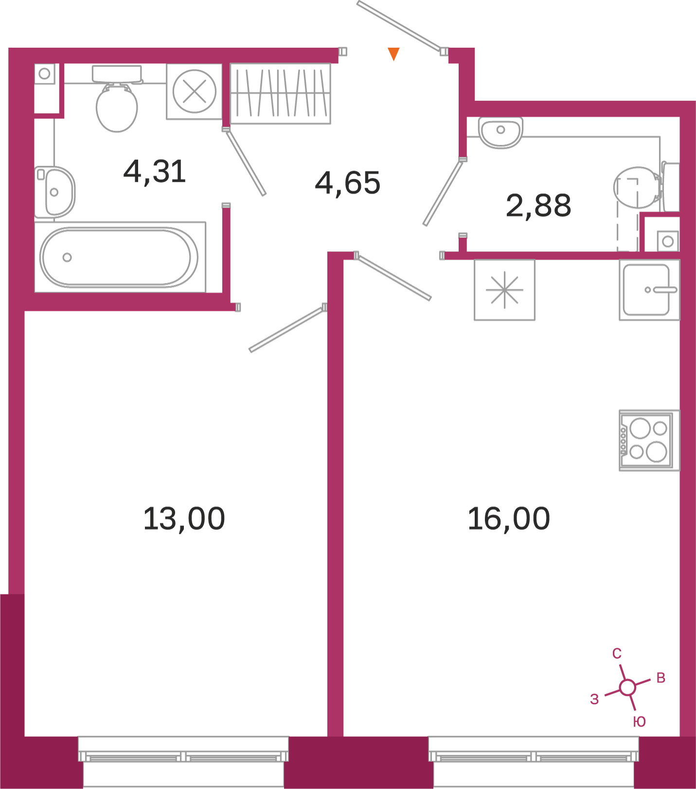 Планировка: 1-комнатная квартира, 40,8 м²