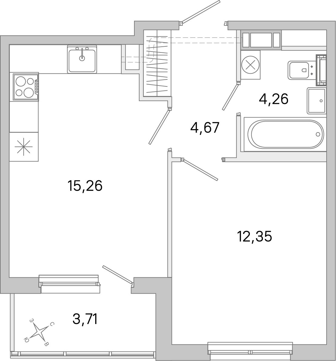 Планировка: 1-комнатная квартира, 36,5 м²