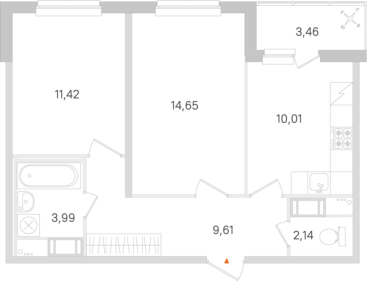 Планировка: 2-комнатная квартира, 51,8 м²