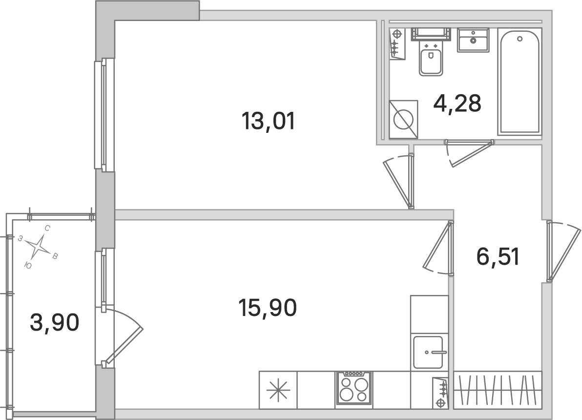 Планировка: 1-комнатная квартира, 39,7 м²