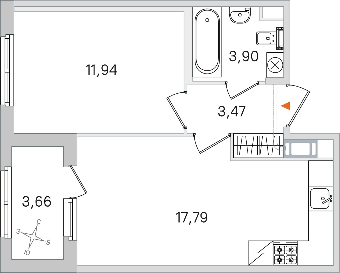 Планировка: 1-комнатная квартира, 37,1 м²