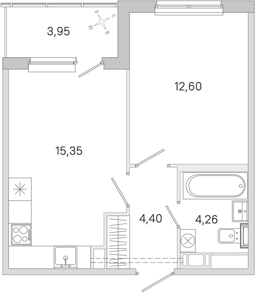 Планировка: 1-комнатная квартира, 36,6 м²