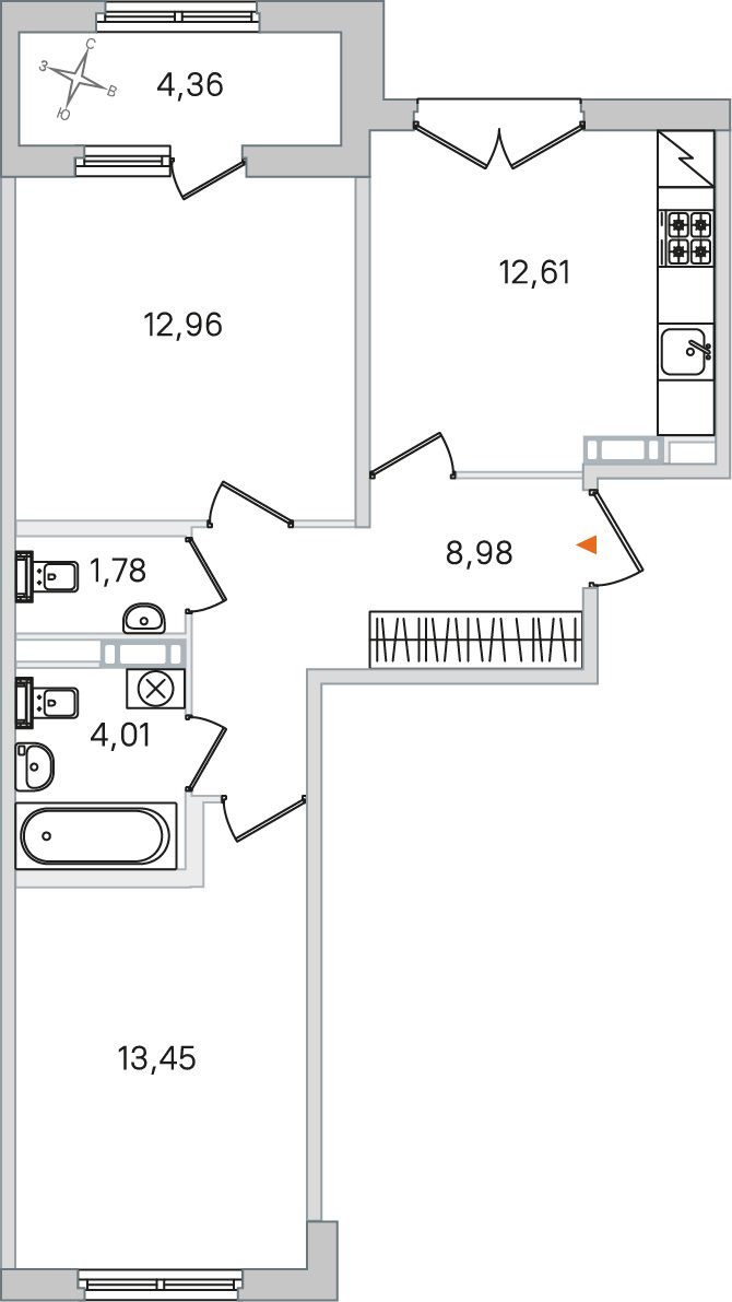 Планировка: 2-комнатная квартира, 53,8 м²