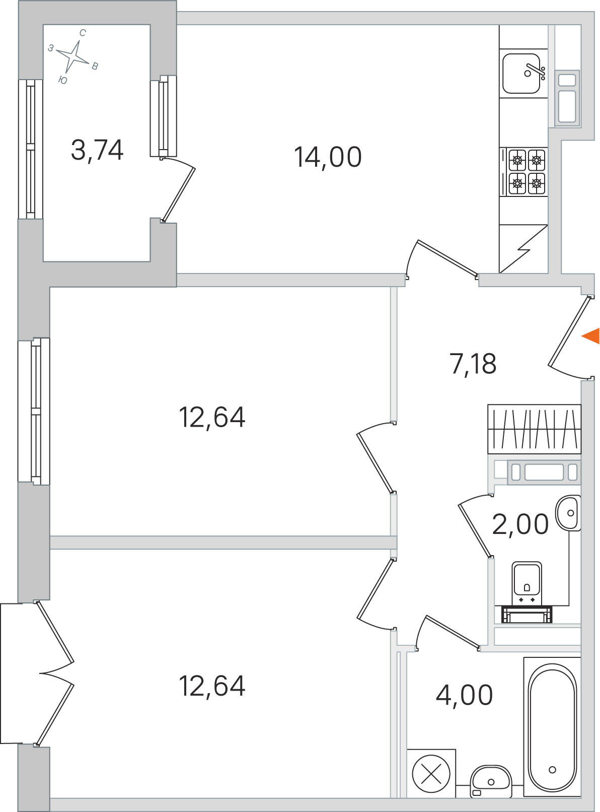 Планировка: 2-комнатная квартира, 52,5 м²