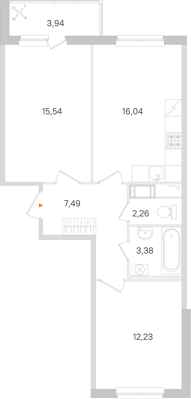 Планировка: 2-комнатная квартира, 56,9 м²