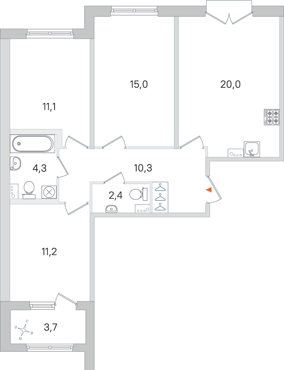 Планировка: 3-комнатная квартира, 74,3 м²