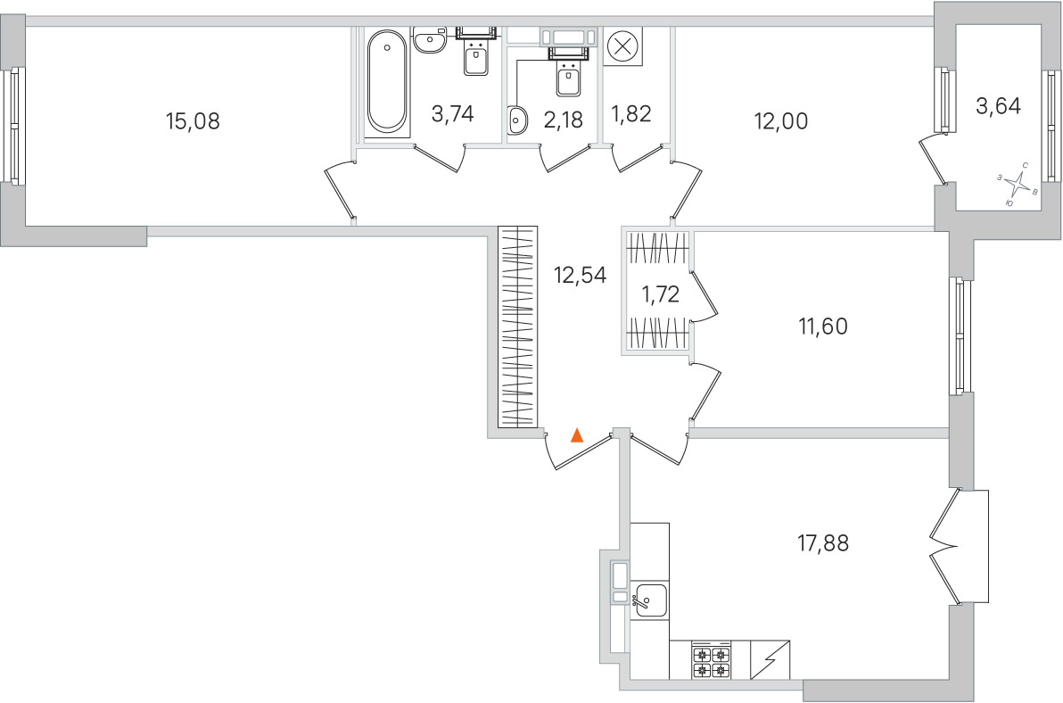 Планировка: 3-комнатная квартира, 78,6 м²
