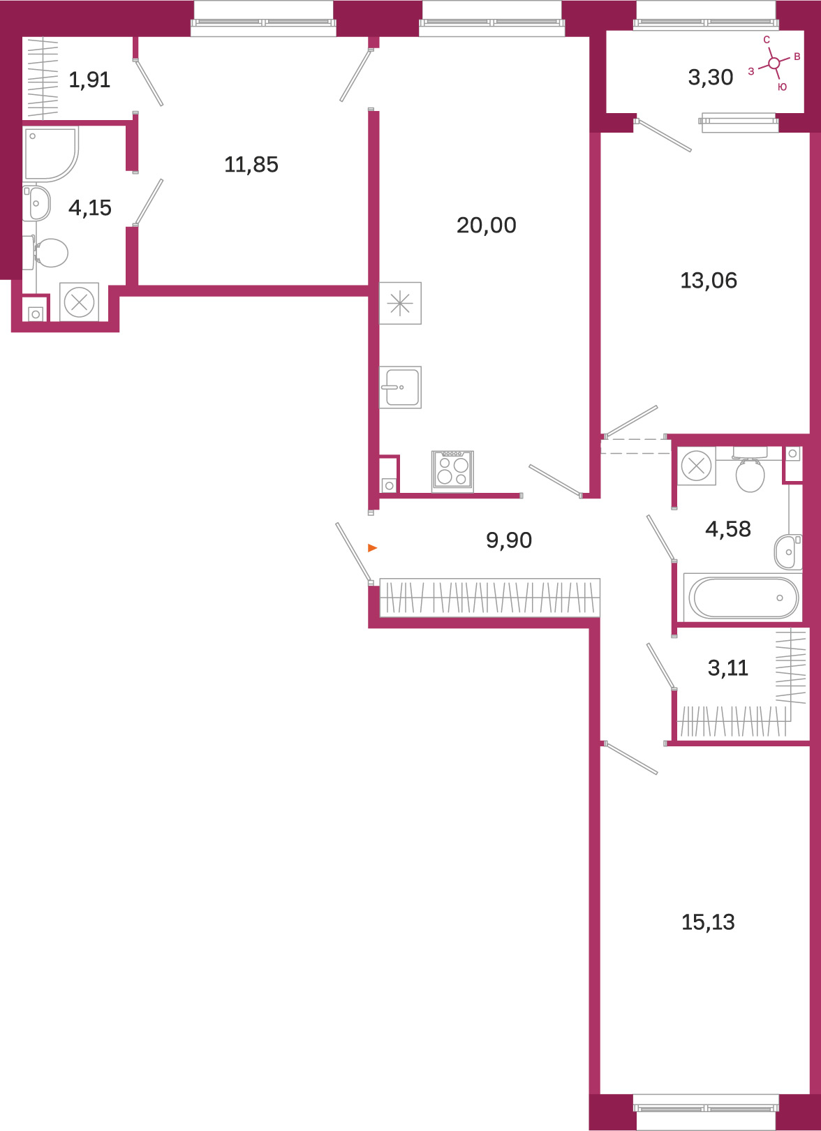 Планировка: 3-комнатная квартира, 83,7 м²