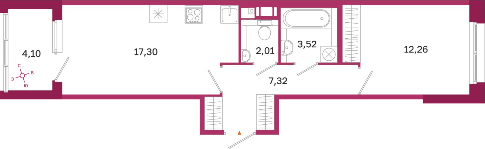 Планировка: 1-комнатная квартира, 42,4 м²