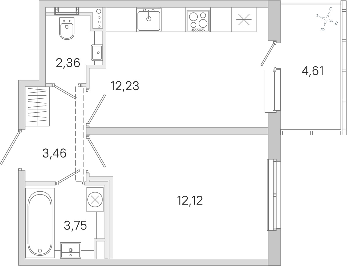 Планировка: 1-комнатная квартира, 33,9 м²
