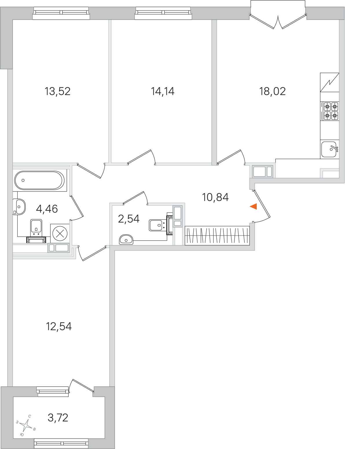 Планировка: 3-комнатная квартира, 76,1 м²