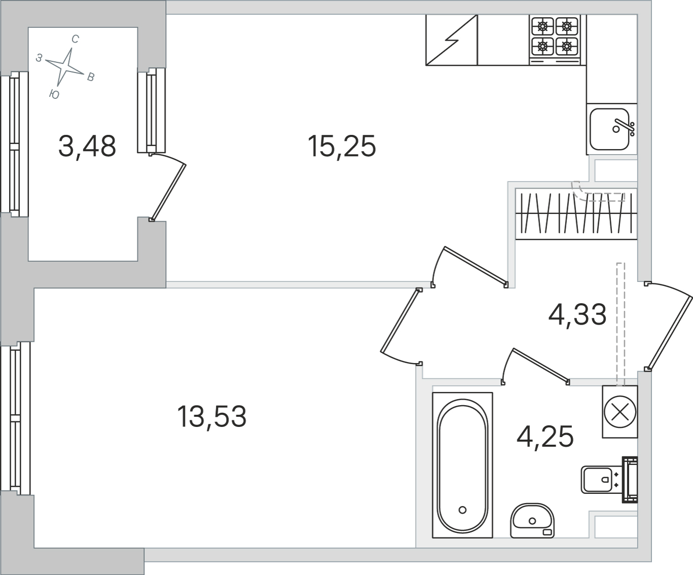 Планировка: 1-комнатная квартира, 37,4 м²