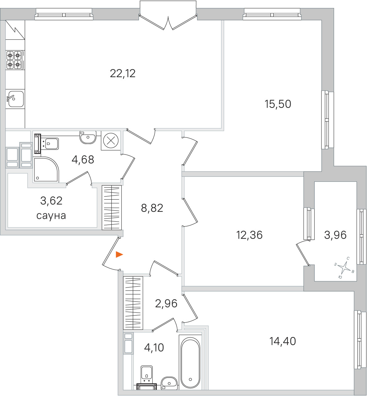 Планировка: 3-комнатная квартира, 88,6 м²