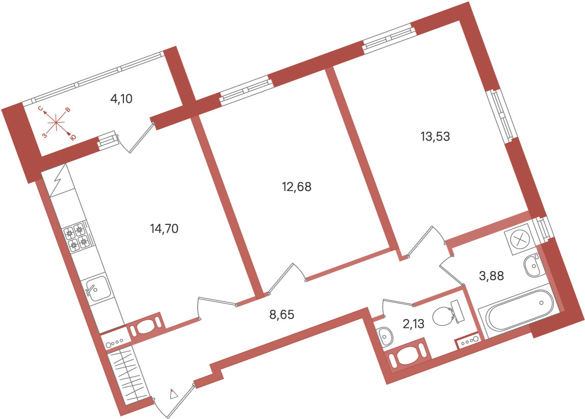 Планировка: 2-комнатная квартира, 55,6 м²