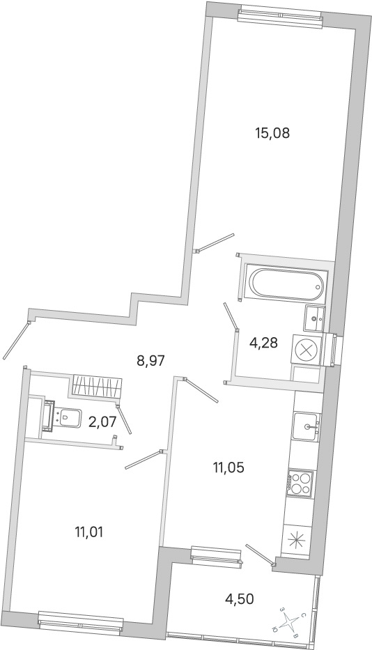 Планировка: 2-комнатная квартира, 52,5 м²