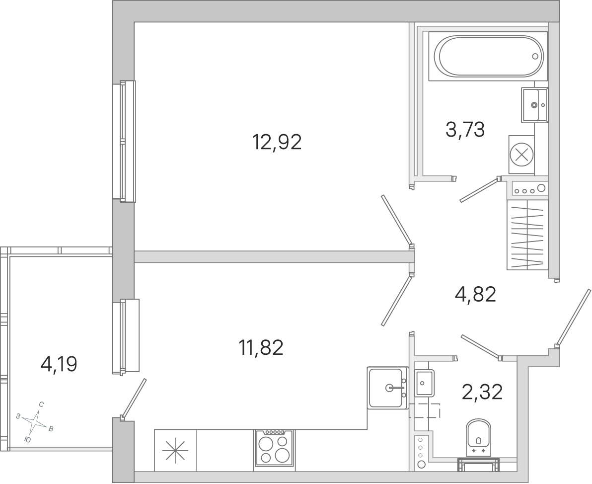 Планировка: 1-комнатная квартира, 35,6 м²
