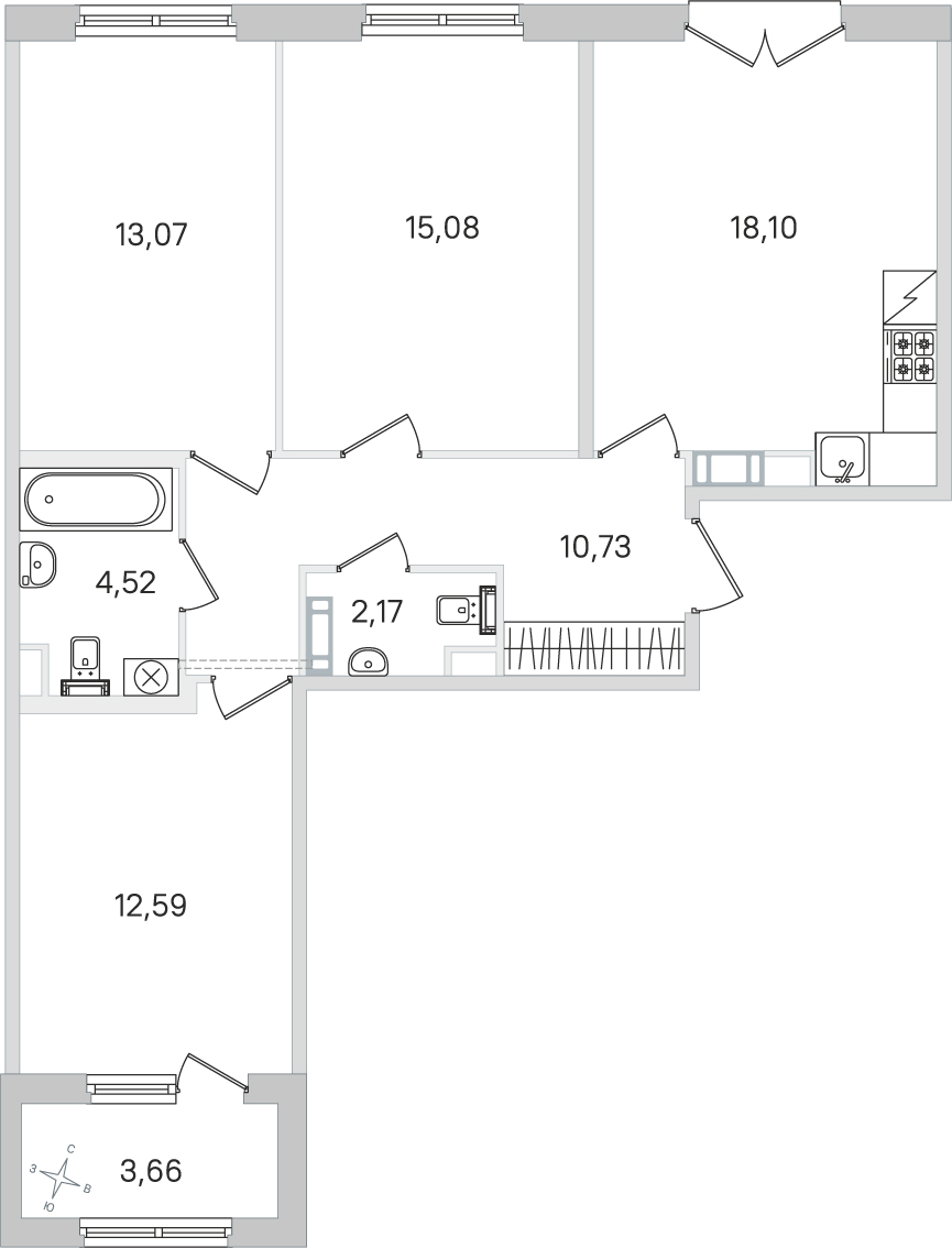 Планировка: 3-комнатная квартира, 76,3 м²