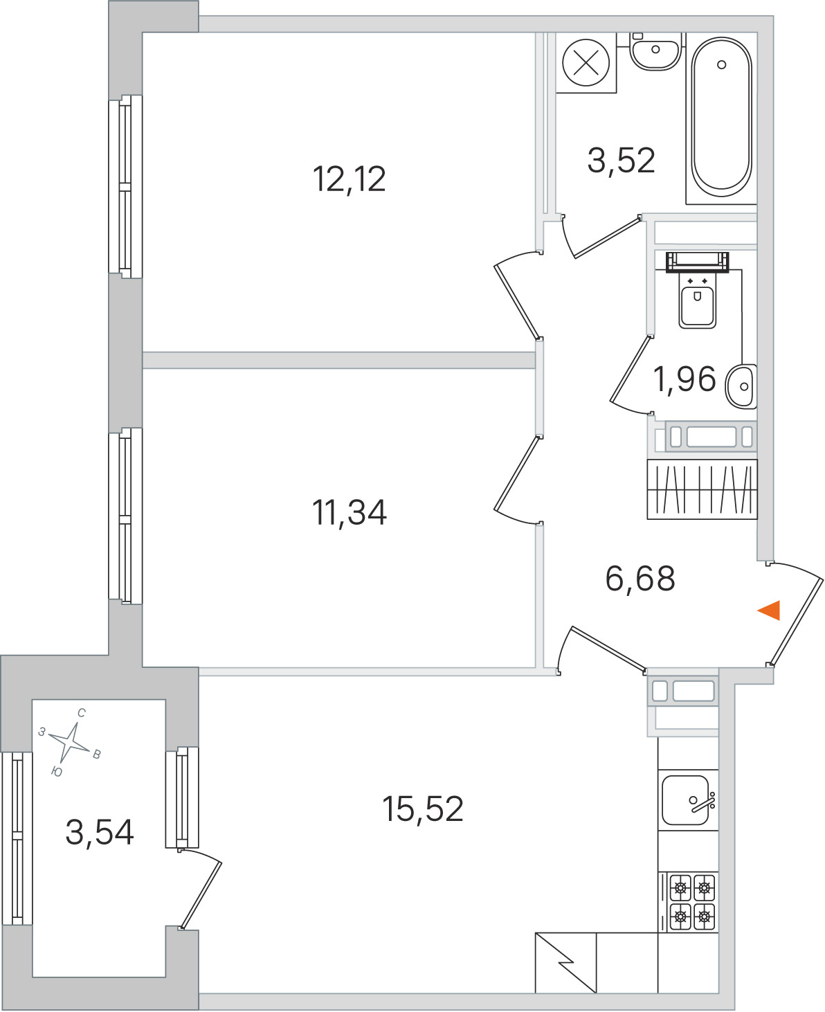 Планировка: 2-комнатная квартира, 51,1 м²