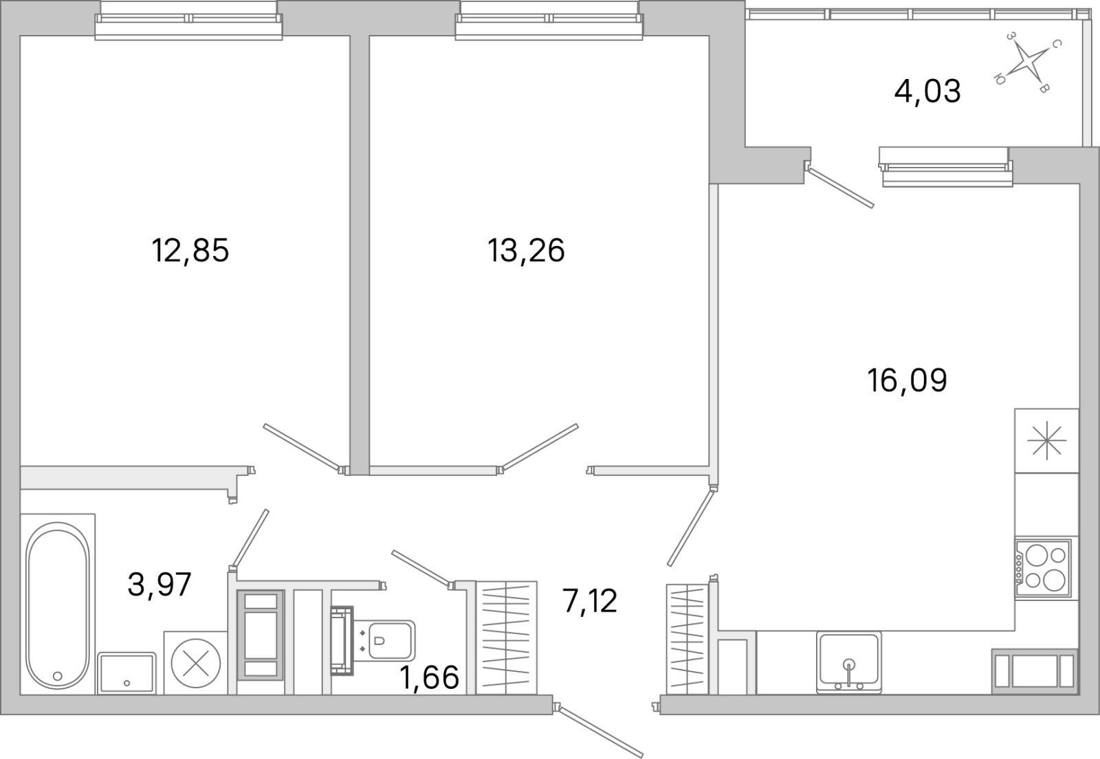 Планировка: 2-комнатная квартира, 55,0 м²