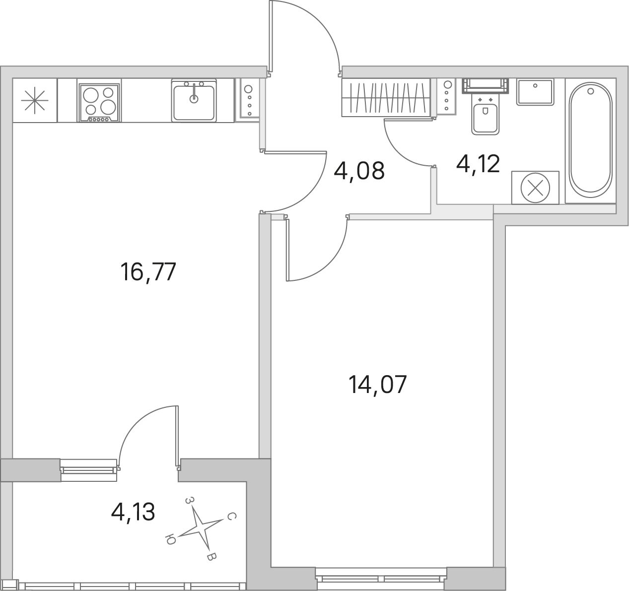 Планировка: 1-комнатная квартира, 39,0 м²