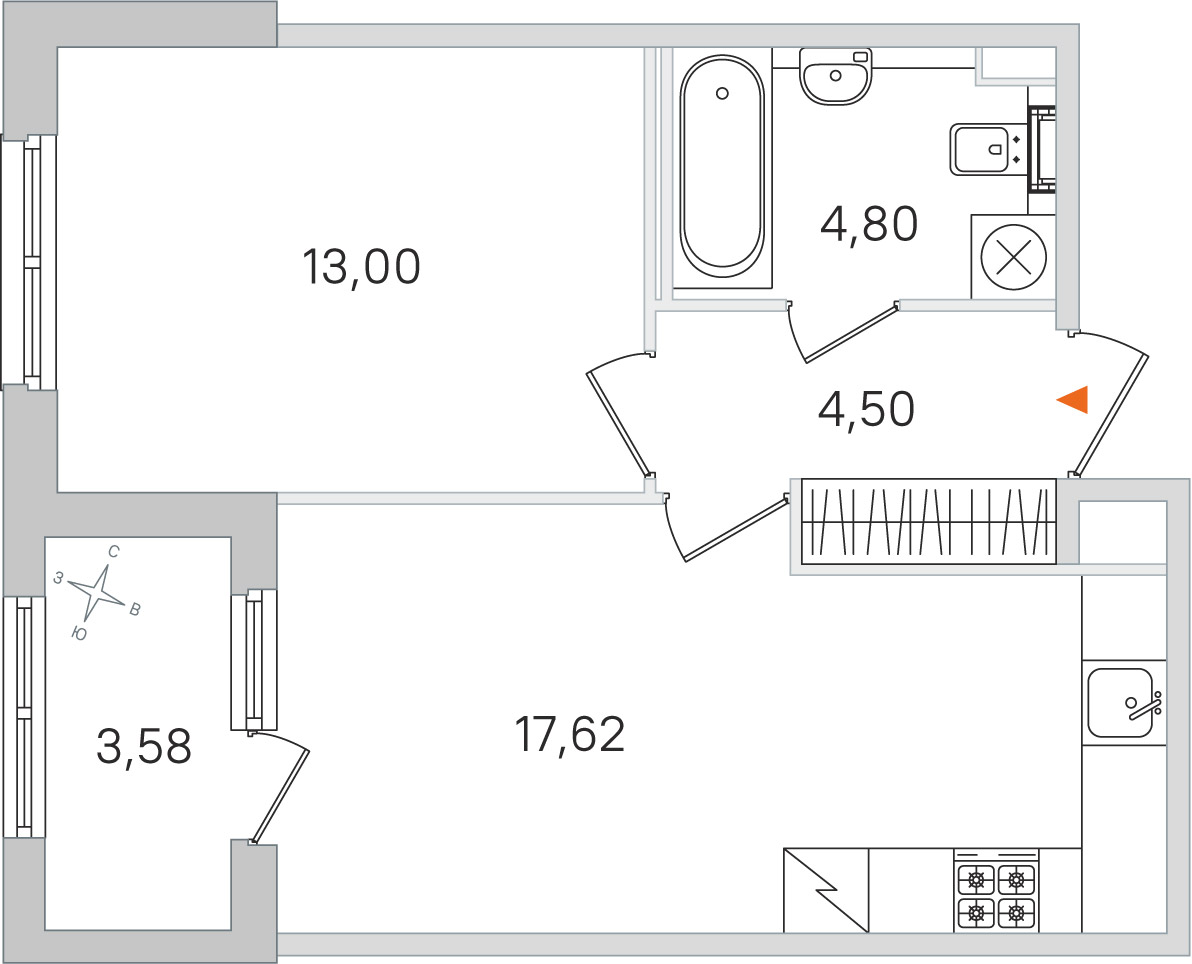 Планировка: 1-комнатная квартира, 39,9 м²