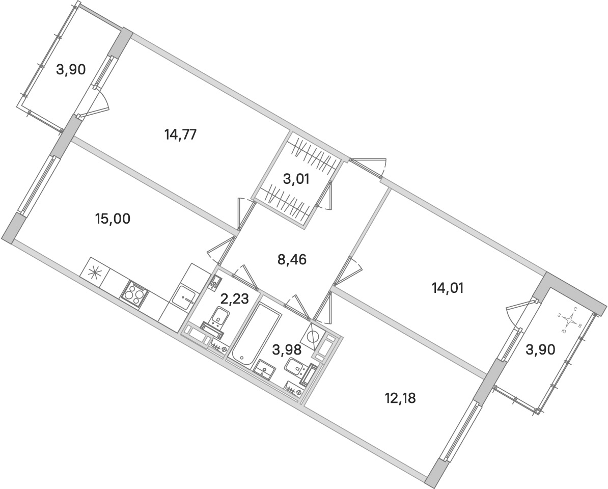 Планировка: 3-комнатная квартира, 73,6 м²