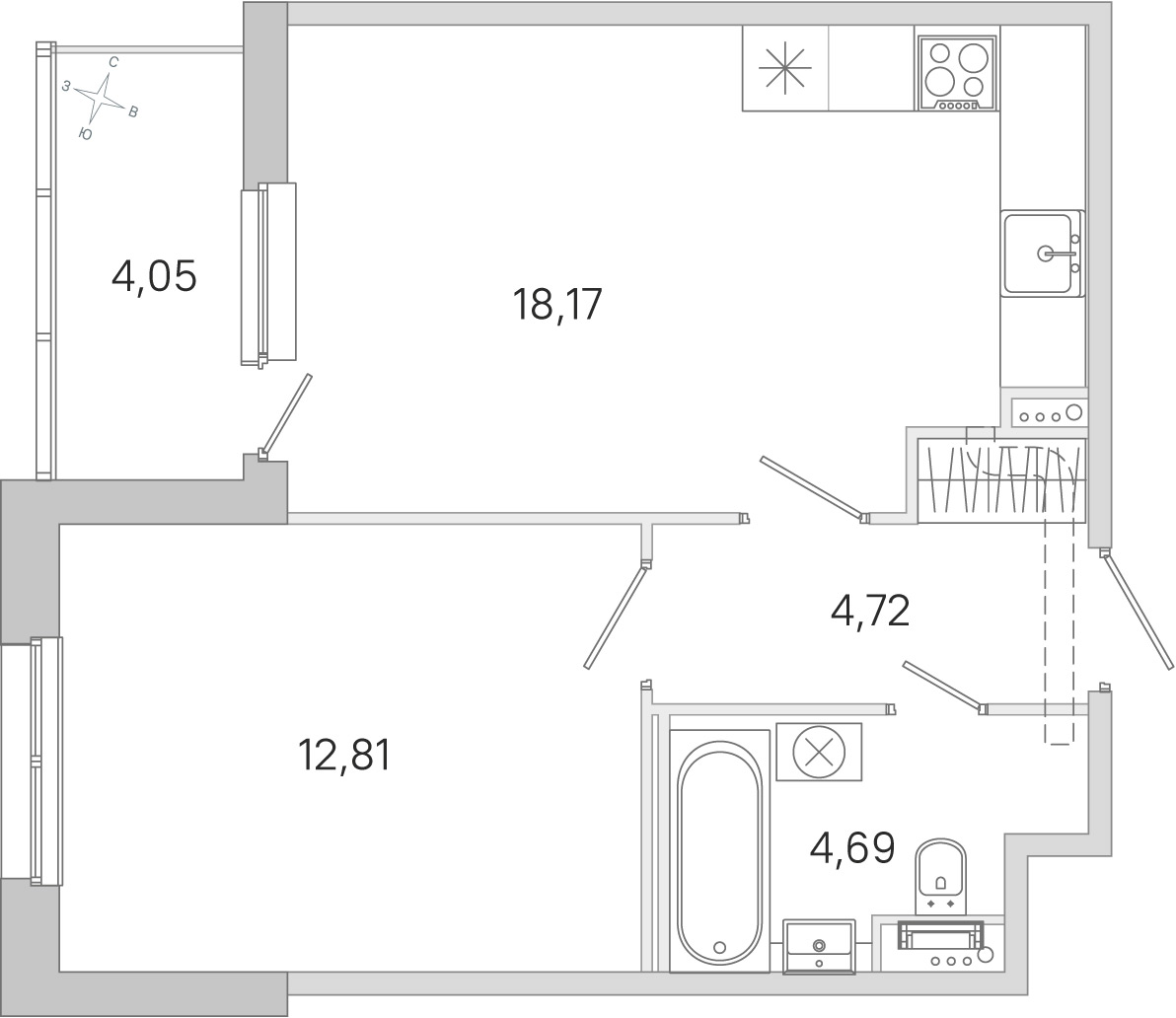Планировка: 1-комнатная квартира, 40,4 м²