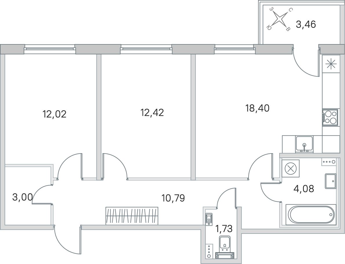 Планировка: 2-комнатная квартира, 62,4 м²