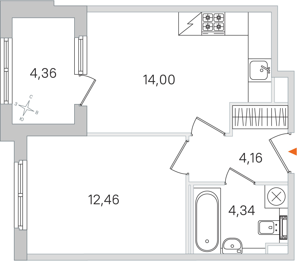 Планировка: 1-комнатная квартира, 35,0 м²