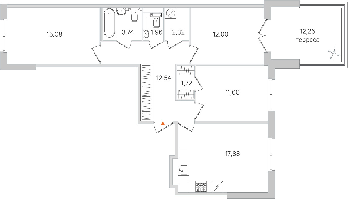 Планировка: 3-комнатная квартира, 78,8 м²