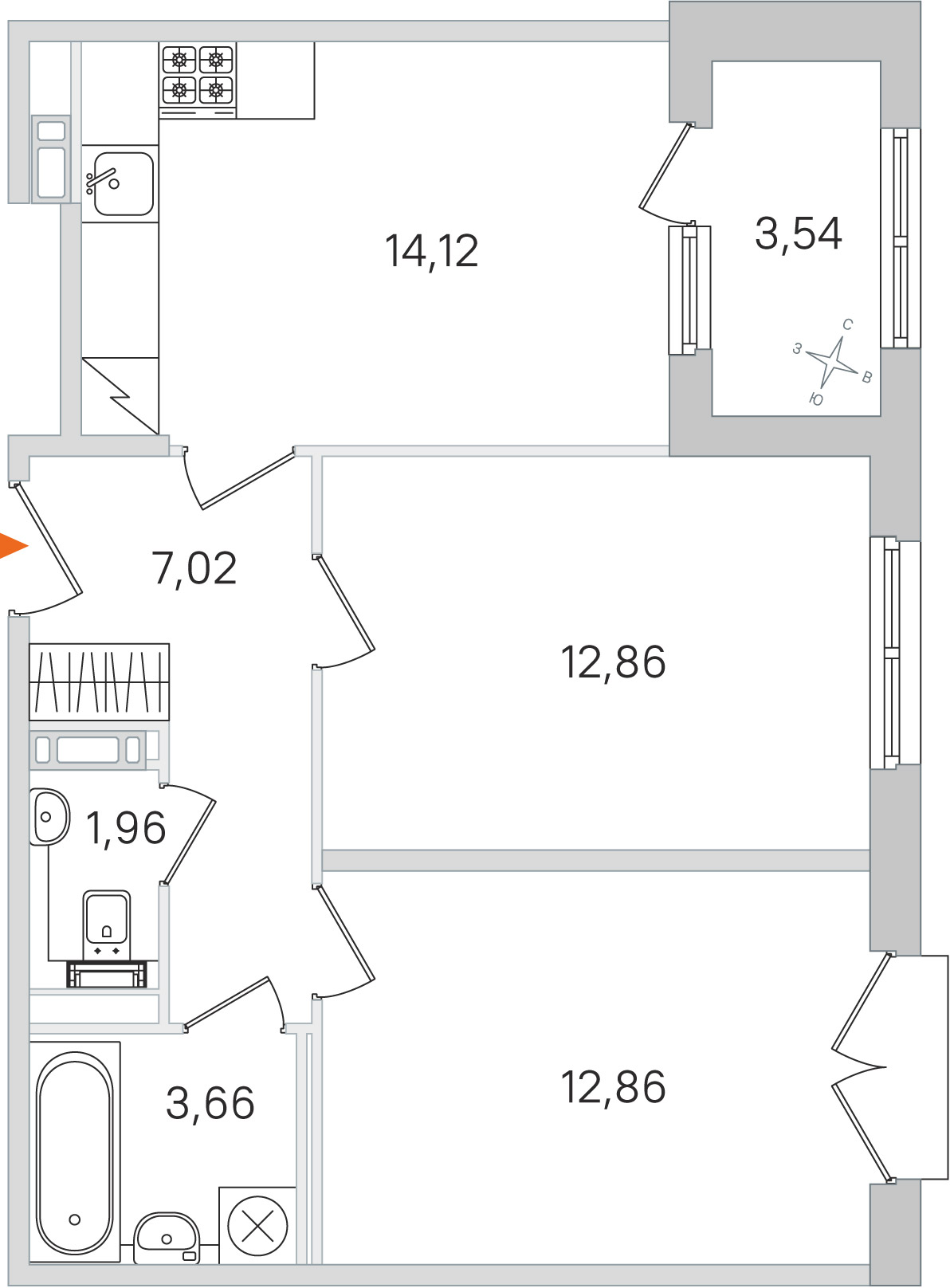 Планировка: 2-комнатная квартира, 52,5 м²