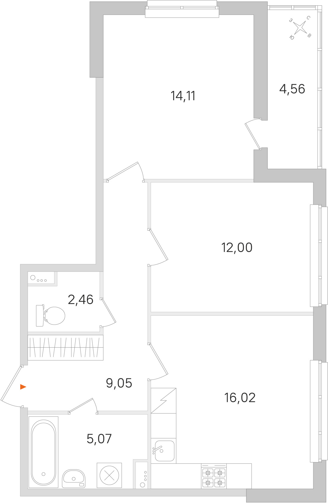 Планировка: 2-комнатная квартира, 58,7 м²