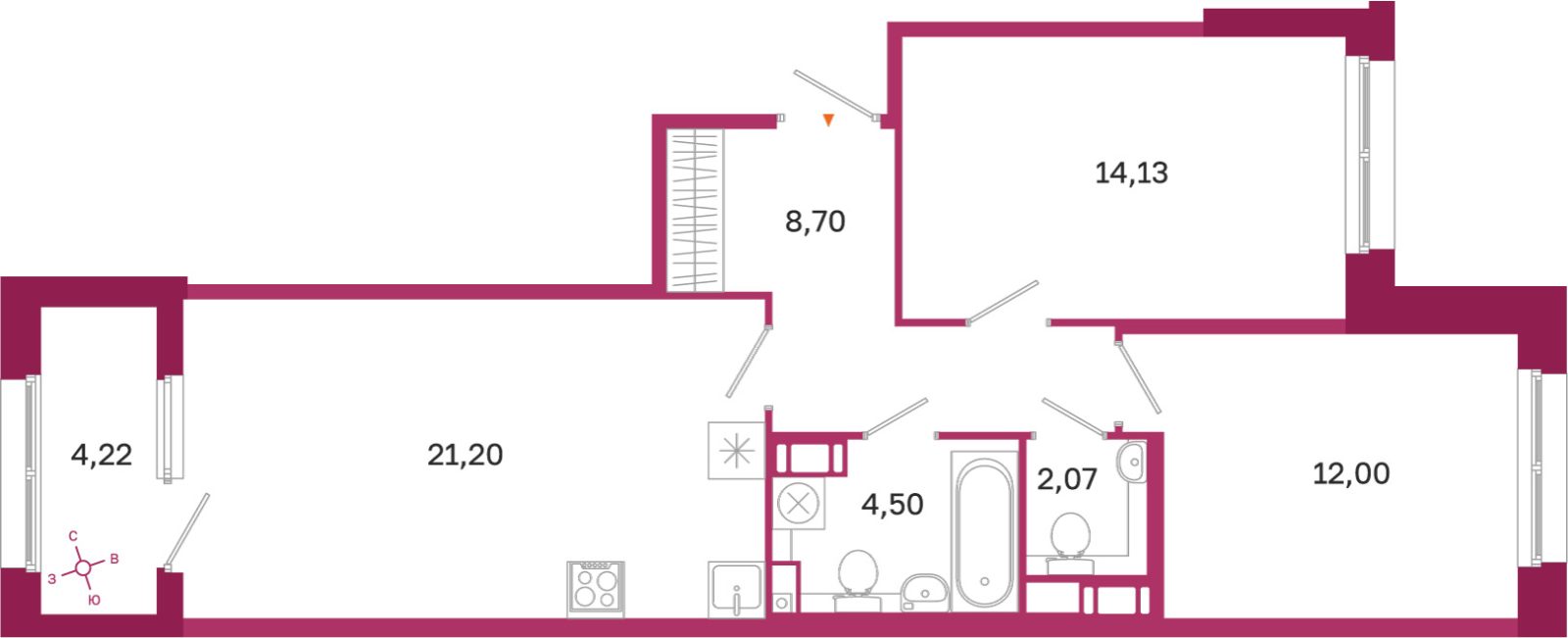 Планировка: 2-комнатная квартира, 62,6 м²