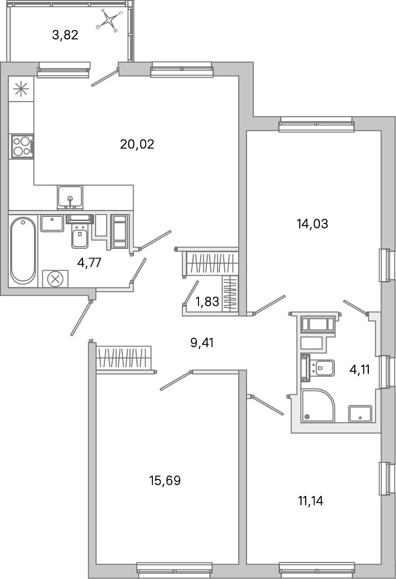Планировка: 3-комнатная квартира, 81,0 м²