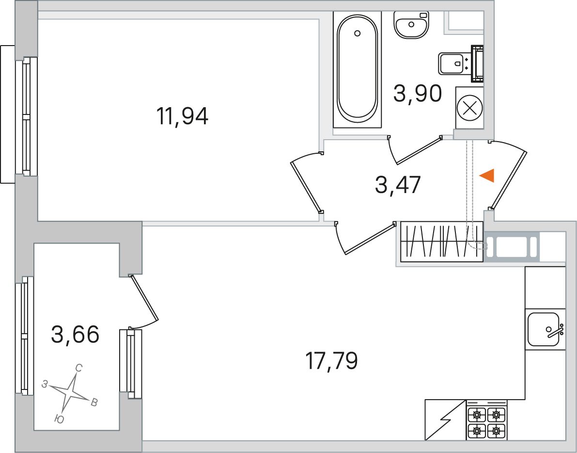 Планировка: 1-комнатная квартира, 37,1 м²