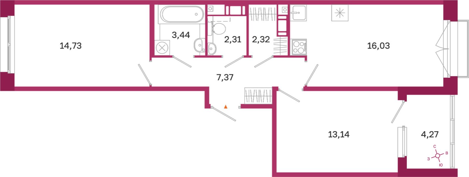 Планировка: 2-комнатная квартира, 59,3 м²
