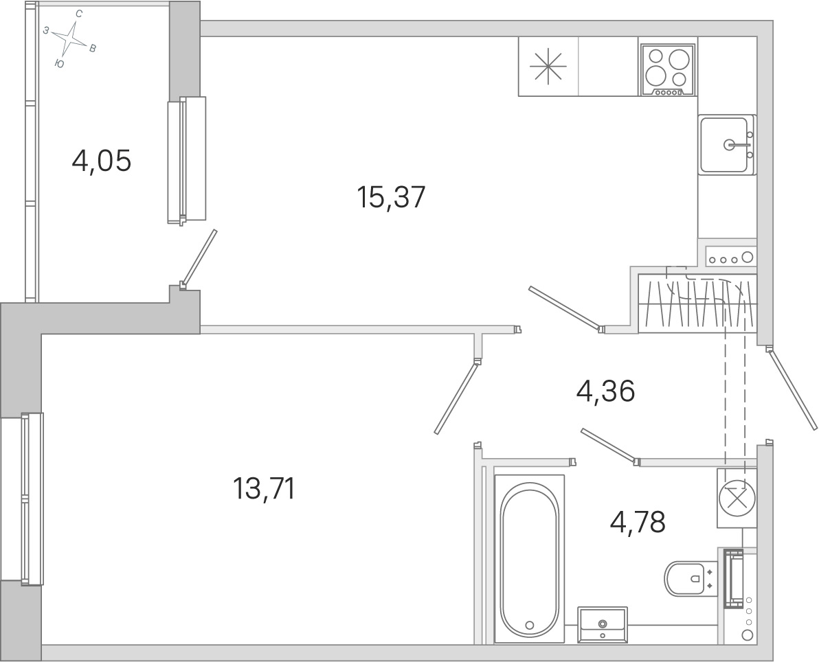 Планировка: 1-комнатная квартира, 38,2 м²