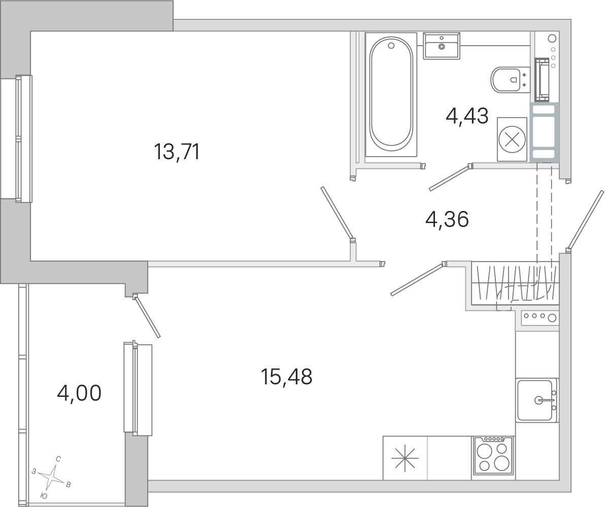 Планировка: 1-комнатная квартира, 38,0 м²