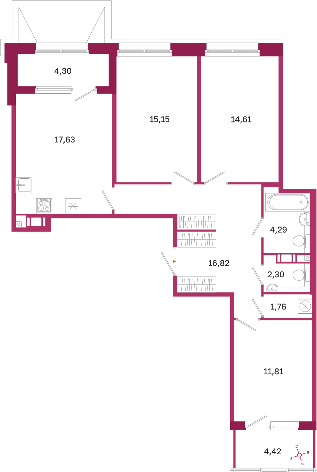 Планировка: 3-комнатная квартира, 84,4 м²